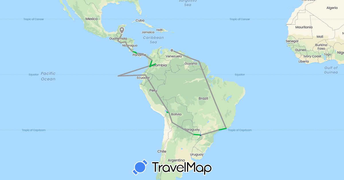 TravelMap itinerary: driving, bus, plane in Bolivia, Brazil, Belize, Colombia, Costa Rica, Ecuador, Guatemala, Guyana, Honduras, Nicaragua, Panama, Paraguay, Suriname, El Salvador, Venezuela (North America, South America)