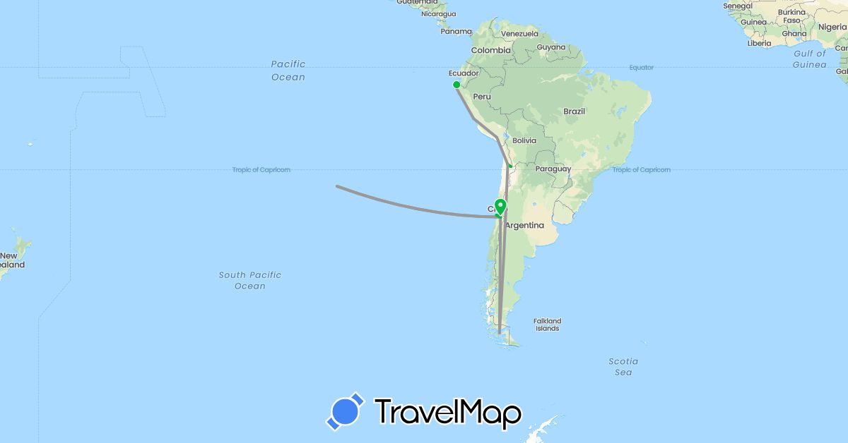 TravelMap itinerary: driving, bus, plane in Chile, Peru (South America)