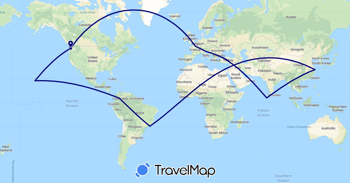 TravelMap itinerary: driving in Brazil, China, Colombia, France, Italy, Maldives, Turkey, United States (Asia, Europe, North America, South America)