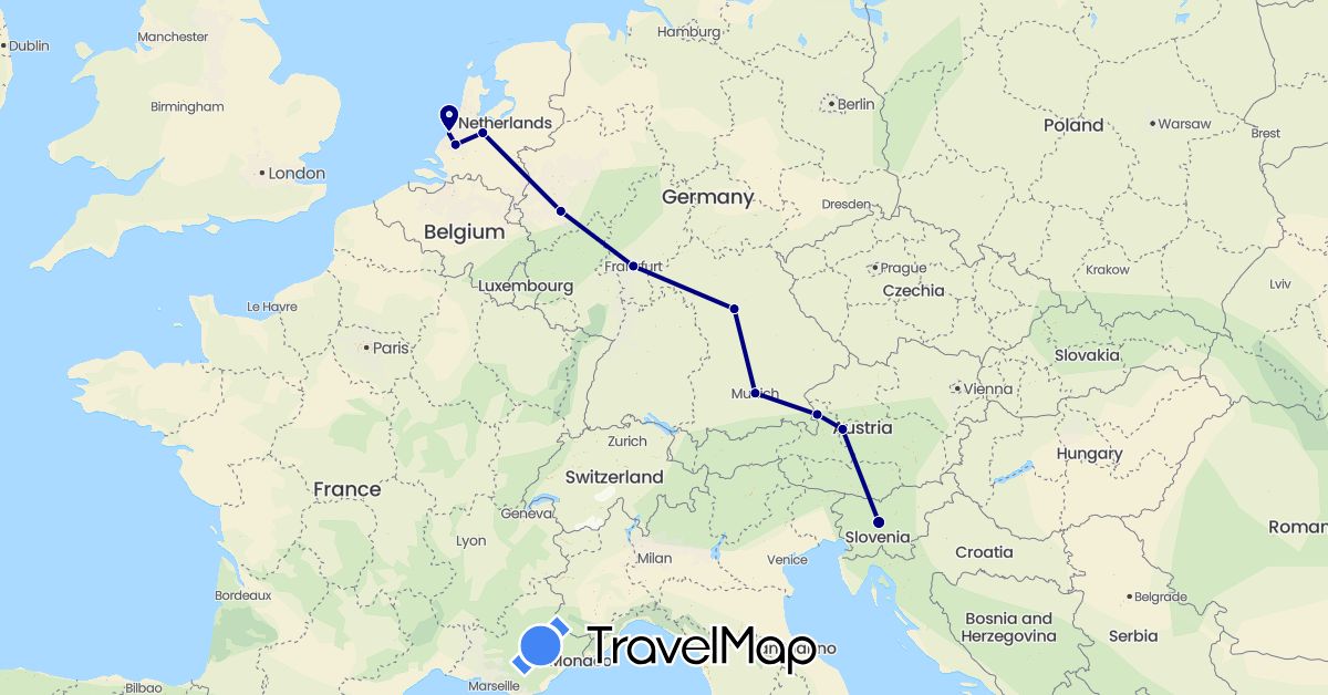 TravelMap itinerary: driving in Austria, Germany, Netherlands, Slovenia (Europe)