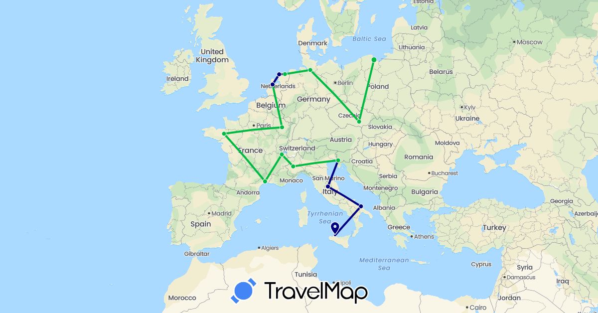 TravelMap itinerary: driving, bus in Switzerland, Czech Republic, Germany, France, Italy, Netherlands, Poland (Europe)